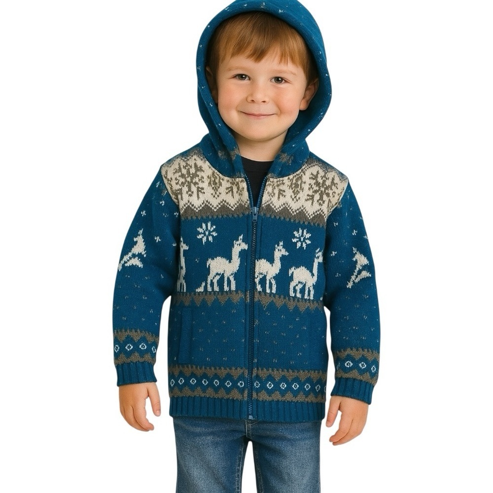 Vintage Children’s Size 6 Tejidos Ruminahui Fair Isle Llama Hoodie Zip